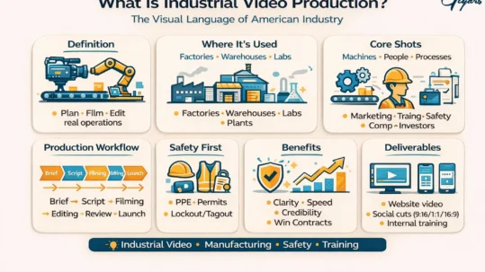 Industrial video production infographic showing definition, uses (factories, warehouses, labs), core shots, workflow, safety steps, benefits, and deliverables.