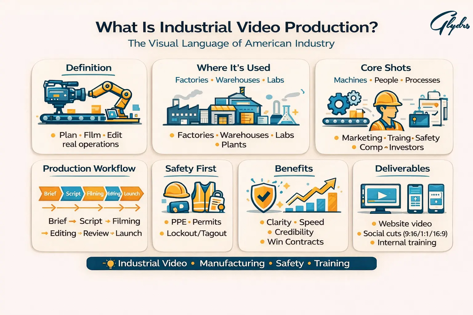 Industrial video production infographic showing definition, uses (factories, warehouses, labs), core shots, workflow, safety steps, benefits, and deliverables.