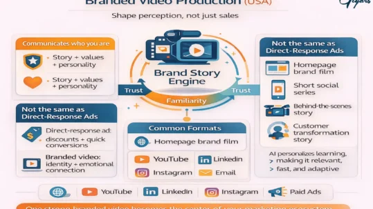 Branded video production infographic: brand story engine builds trust and familiarity across YouTube, LinkedIn, Instagram, email, and paid ads.