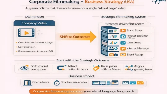 Corporate filmmaking infographic comparing a single company video vs a strategy-driven film system (brand story, explainer, case study, internal message, event recap) to drive business outcomes.