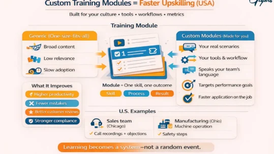 Training modules infographic comparing generic vs custom training modules, showing one-skill outcomes, performance benefits, and U.S. examples for sales (Chicago) and manufacturing (Ohio).