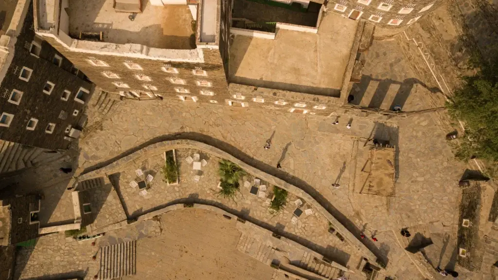 Precision aerial photography over Rijal Almaa in KSA, captured under strict government drone permits for a Middle East corporate media deployment.